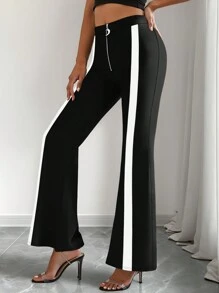 SHEIN LUNE Plus Size Vrouwen Contrasterende Kleur Blok Zip-Up Flare Broek