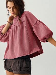 Bohemela 女士宽松度假泡泡袖衬衫，绿色 - 紅色 - 查看 8