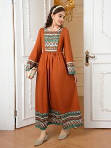 Vestido de manga larga informal con estampado geométrico en tono óxido para adolescentes - Óxido marrón - Ver 4