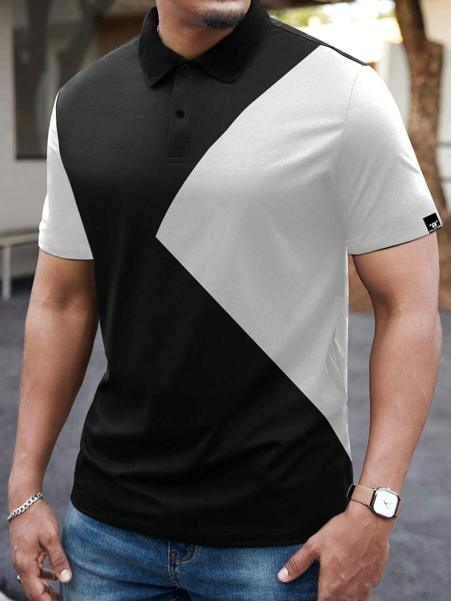 Manfinity Homme Plus Size Men's Casual Colorblock Patchwork Short Sleeve Golf Polo Shirt - Black and White - View 1