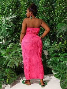 Slaydiva 大码优雅、派对、约会、性感合身纯色紫红色露肩前系带透明面料连衣裙，春夏