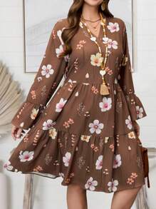 EMERY ROSE Plus Size Casual Floral Print Flare Sleeve Dress,Vacation Wear,Spring,Boho Dress Women