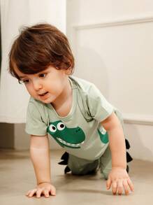 SHEIN 2pcs/Set Baby Boys Cartoon Dinosaur Print Short Sleeve Tee + Elastic Waist Long Pants, Soft Breathable Sports Outfit, Casual Wear For Spring - Green - View 6