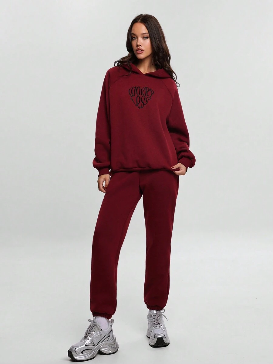 RueChic 2pcs/Set Women Hooded Solid Color Top And Pants