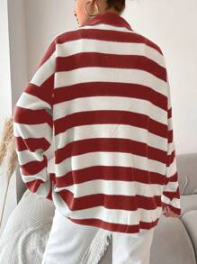 EURMUSE Áo len kẻ sọc trễ vai rộng rãi thường ngày cho nữ, Thu/Đông - Đỏ - Xem 2