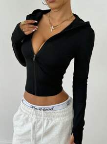 SHEIN Sport Studio Schlanksitzende Kapuzen-Reißverschluss Athletik Jacke, elegante dehnbare Sportbekleidung für Radfahren, Alltag, schlank machende hochwertige Outdoor-Aktivitäten, Yoga