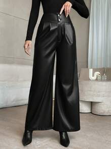 Firerie Women Solid Color Front Button Pocket Simple Long Pants, Casual Daily Wear - Black - View 1