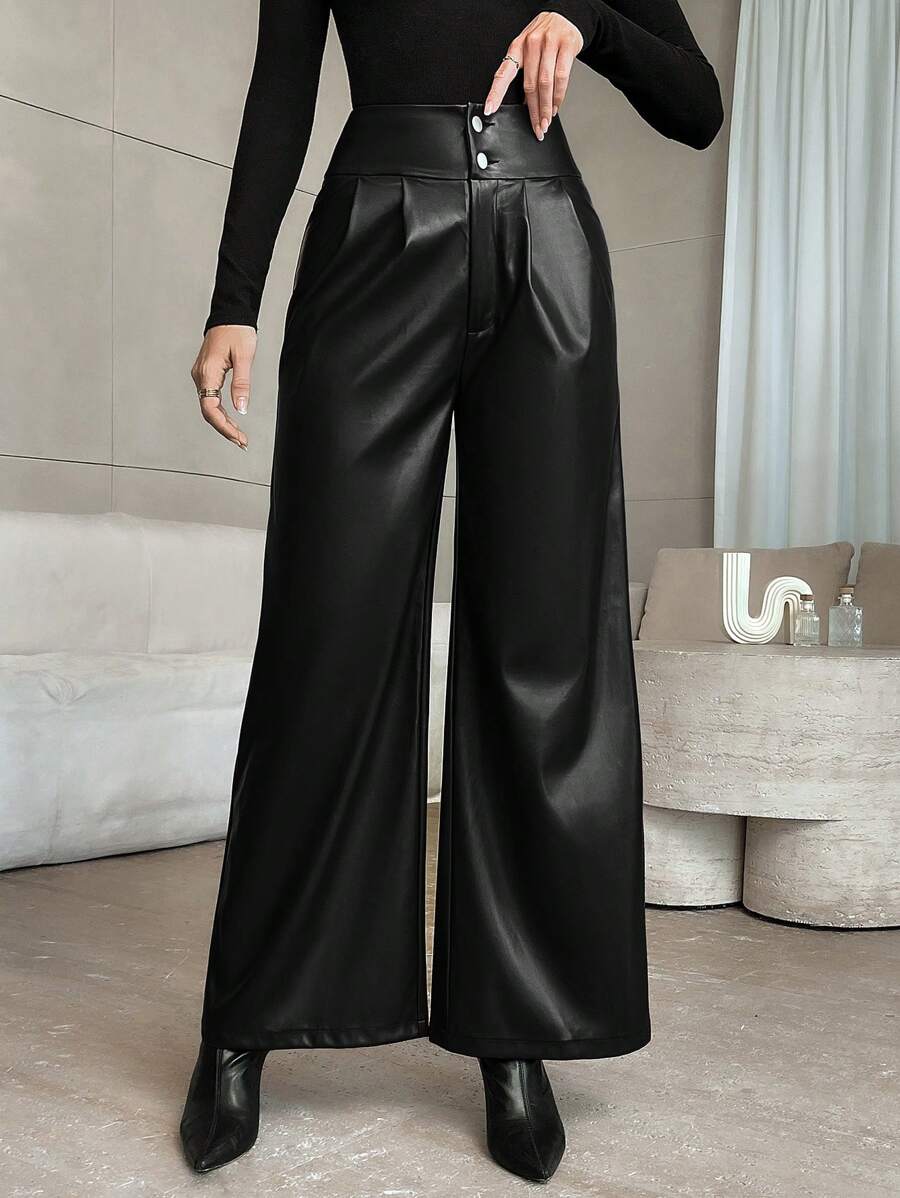 Firerie Women Solid Color Front Button Pocket Simple Long Pants, Casual Daily Wear - Black - View 1