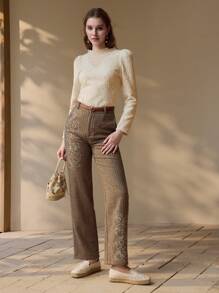 MOTF PREMIUM CONTRAST MESH FRILL NECK TOP - Apricot - View 5