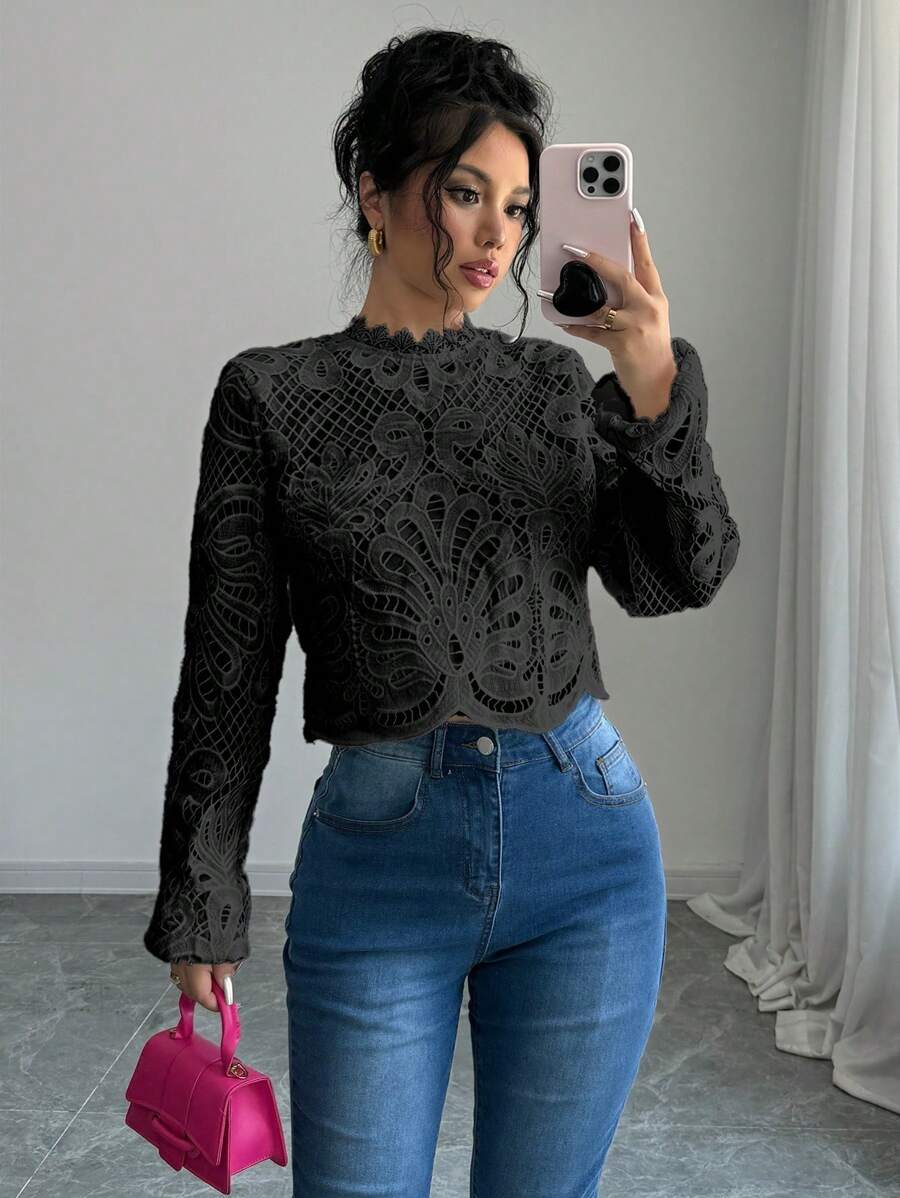 Selianne Women's Solid Color Lace Trim Long Sleeve Casual Top, For Everyday Wear Fall Cloth For Women - Black - View 1