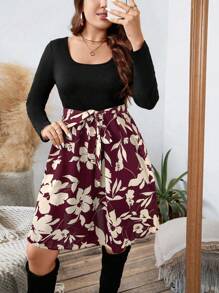 SHEIN LUNE Women's Plus Size Square Neck Long Sleeve Floral Print Elegant Dress,Black Autumn Boho Tea Party Thanksgiving & New Year Winter Long Dress For Women - Red - View 4