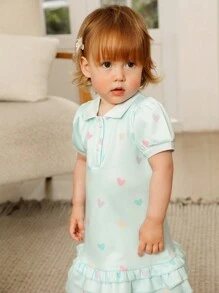 SHEIN Playful Pals Robe polo pour filles toddler avec imprimé cœur couleur bonbon arc-en-ciel, avec garniture florale, coupe évasée. Convient pour le printemps/été, la Saint-Valentin, l'extérieur - Bleu azur - Voir 7