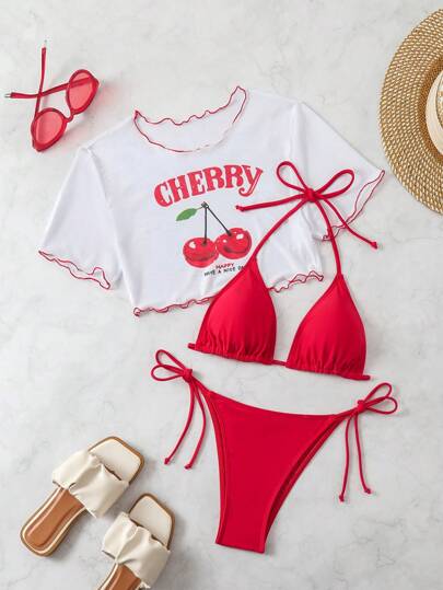Swim Mod Women's Solid Color Halter Tie Sexy Bikini Swimwear Set With Cherry Print Cover Up Top Summer