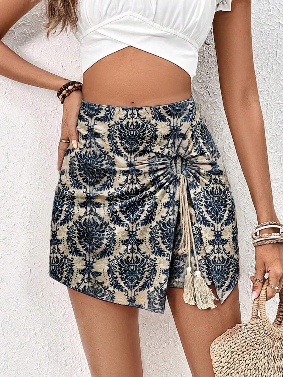 SHEIN Frenchy 女士系带全印花休闲短裤，日常穿着