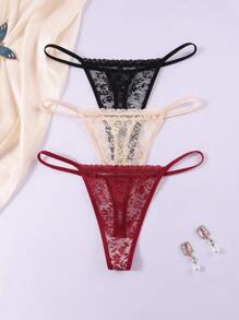 3 piezas Tanga transparente de encaje para mujer - Multicolor - Ver 3