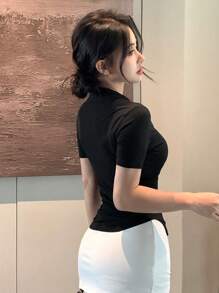 DAZY 女士纯色 Polo 领短袖修身衬衫，休闲日常穿着夏季长袖女上衣 - 黑色 - 查看 5