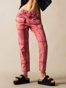 Bohemela 女式纯色梭织低腰口袋修身做旧水洗休闲度假裤西部风女式节日嬉皮女牛仔