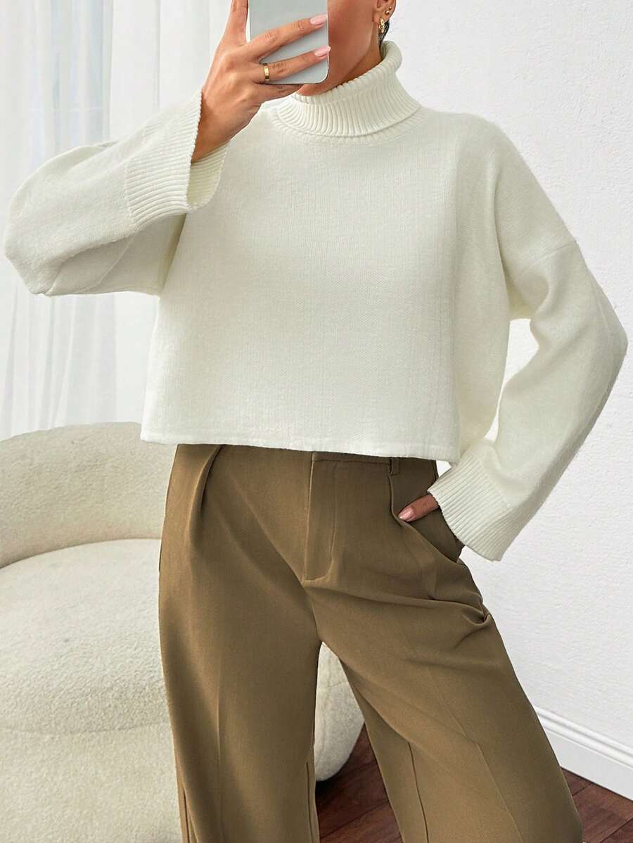 EURMUSE Solid Color Casual High Collar Drop Shoulder Cropped Sweater, Autumn/Winter - Beige - View 1