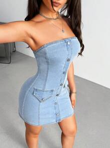 SHEIN EZwear Women's Single Button Fitted Casual Denim Jumper Dress - Blue - View 1