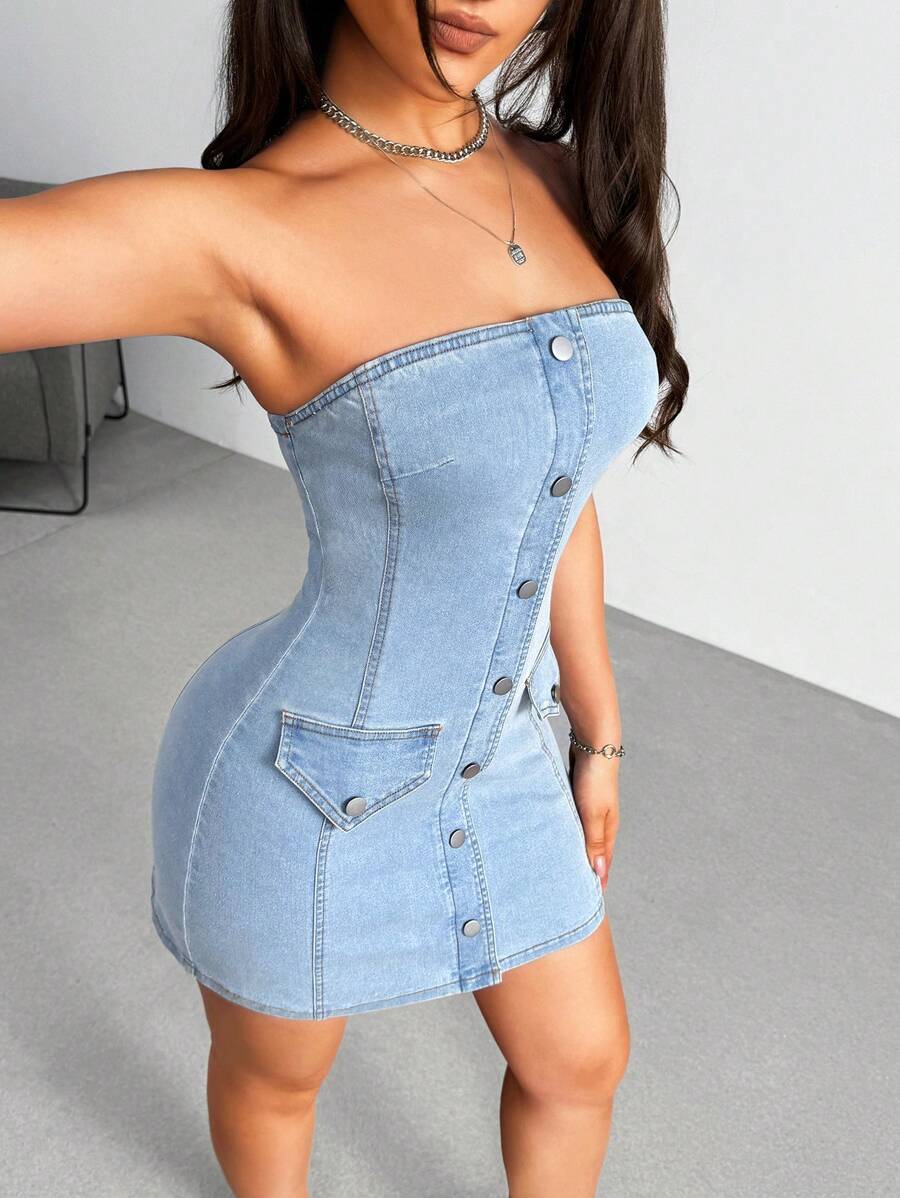 SHEIN EZwear Women's Single Button Fitted Casual Denim Jumper Dress - Blue - View 1