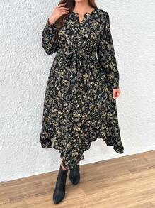 SHEIN LUNE Damen Große Größen Zufallsblumen Muster V-Ausschnitt Langarm Lässig Kleid - Verschiedenfarbig - Übersicht 3
