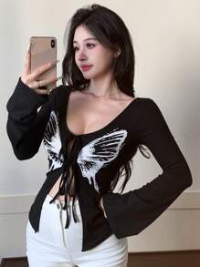DAZY Women V-Neck Butterfly Print Tie-Front Long Sleeve Knitted T-Shirt, Spring Festival