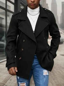 Manfinity Homme 男士纯色翻领长袖休闲双排扣夹克冬季男士中长款外套黑色大衣外出休闲外套送给朋友、丈夫、男朋友的礼物 - 黑色 - 查看 1