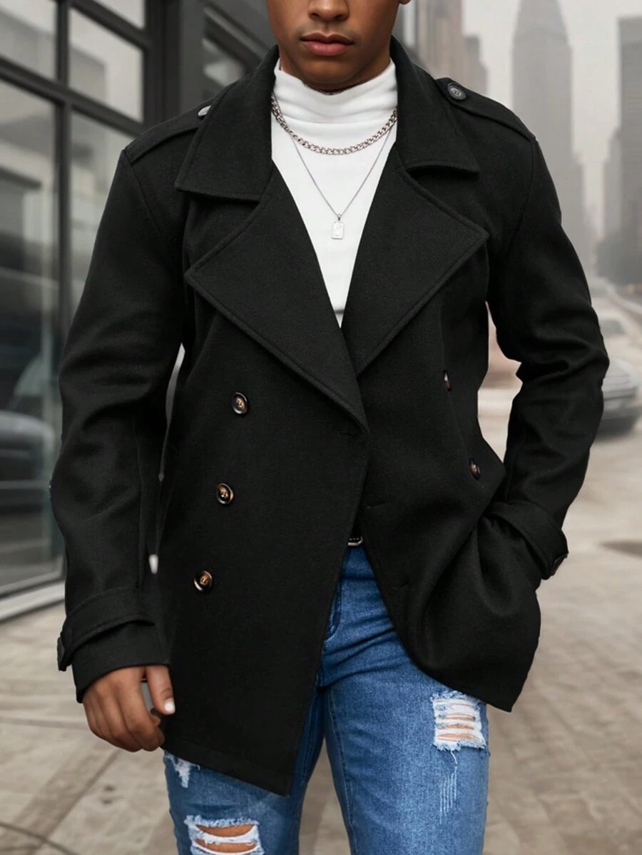 Manfinity Homme 男士纯色翻领长袖休闲双排扣夹克冬季男士中长款外套黑色大衣外出休闲外套送给朋友、丈夫、男朋友的礼物 - 黑色 - 查看 1