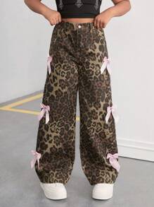 SHEIN Tween Girls Y2K Fashion Leopard Print Baggy Straight Leg Pants With Bowknot Decorated Pockets