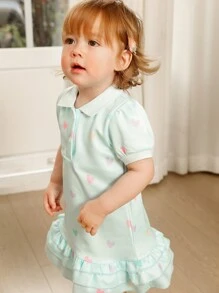 SHEIN Playful Pals Robe polo pour filles toddler avec imprimé cœur couleur bonbon arc-en-ciel, avec garniture florale, coupe évasée. Convient pour le printemps/été, la Saint-Valentin, l'extérieur - Bleu azur - Voir 3