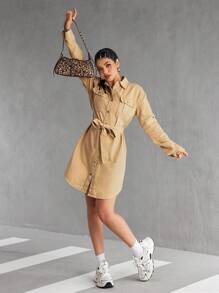 SHEIN EZwear Women's Autumn Long Sleeve Single Breasted Utility Pocket Casual Denim Shirt Dress - Khaki - View 2