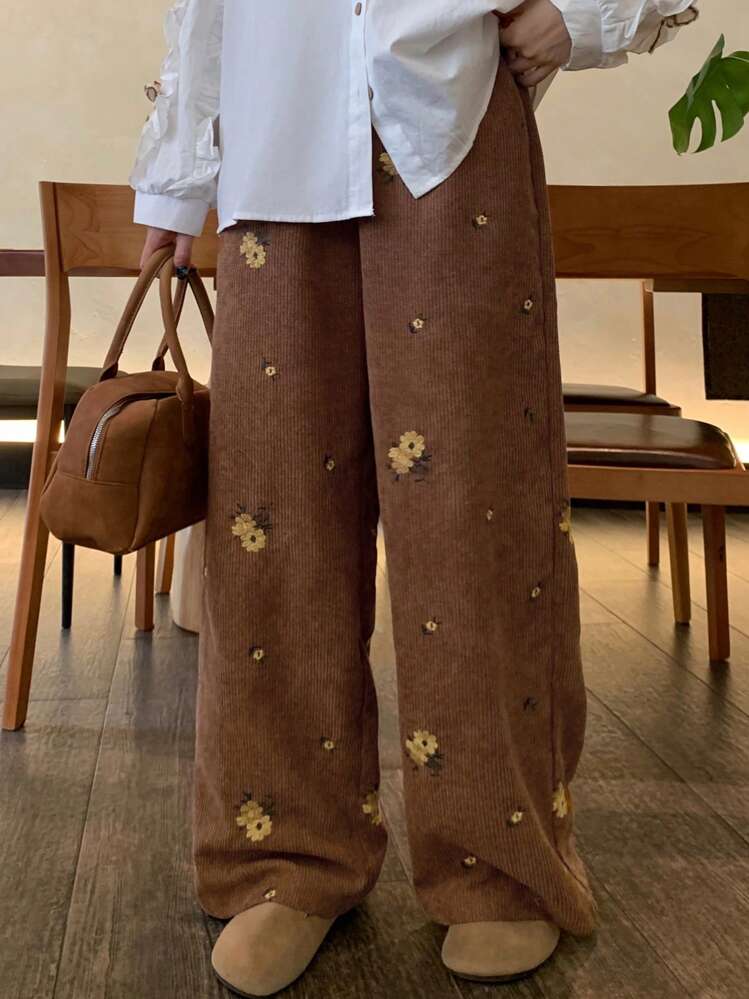 FRIFUL Calça Reta Bordada Marrom Feminina, Primavera Outono - Café - Visão 6