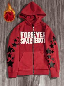 Manfinity EZcore Sudadera con capucha de manga larga con cierre de cremallera, con estampado de lema y estrella, para hombres en otoño. Sudadera con cremallera con texto, para regalo de amigos, esposo o novio