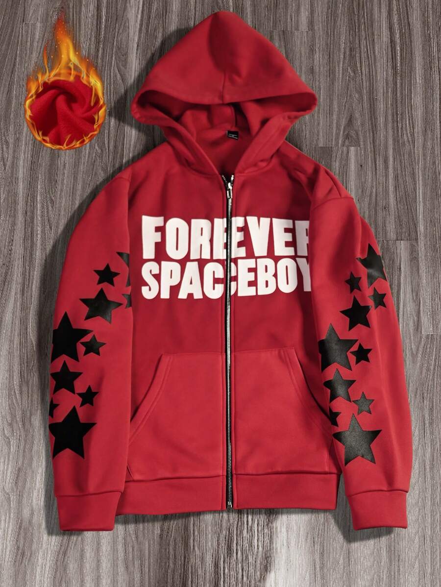 Manfinity EZcore Sudadera con capucha de manga larga con cierre de cremallera, con estampado de lema y estrella, para hombres en otoño. Sudadera con cremallera con texto, para regalo de amigos, esposo o novio