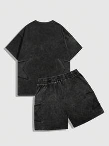 ROMWE MEN Street Life 2pcs/Set Men's Round Neck Short Sleeve Simple Top And Front Tie Shorts Set - Black - View 2