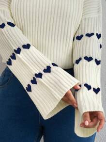 EURMUSE Heart Patterned Flared Sleeve Ribbed Knit Sweater - Apricot - View 4