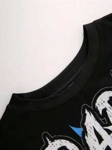 SHEIN Leap Crew 2 件套青少年男孩休闲短袖 T 恤和短裤套装，街头朋克摇滚风格，适合春夏季，黑色骷髅英文印花 - 黑色 - 查看 8