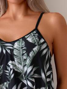 Swim Lushoire Tropical Print Spaghetti Strap Tankini Set, Random Print, Ruffle Trim Summer - Green - View 5