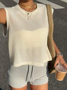 Siren Gaze Camiseta de tirantes de mujer con patrón de gofre blanco, estilo casual de vacaciones, adecuada para primavera/verano, estilo de vacaciones versátil - Multicolor - Ver 4