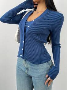SHEIN BASICS 2 件套：女式露背上衣和长袖修身开衫 - 藏蓝色 - 查看 3