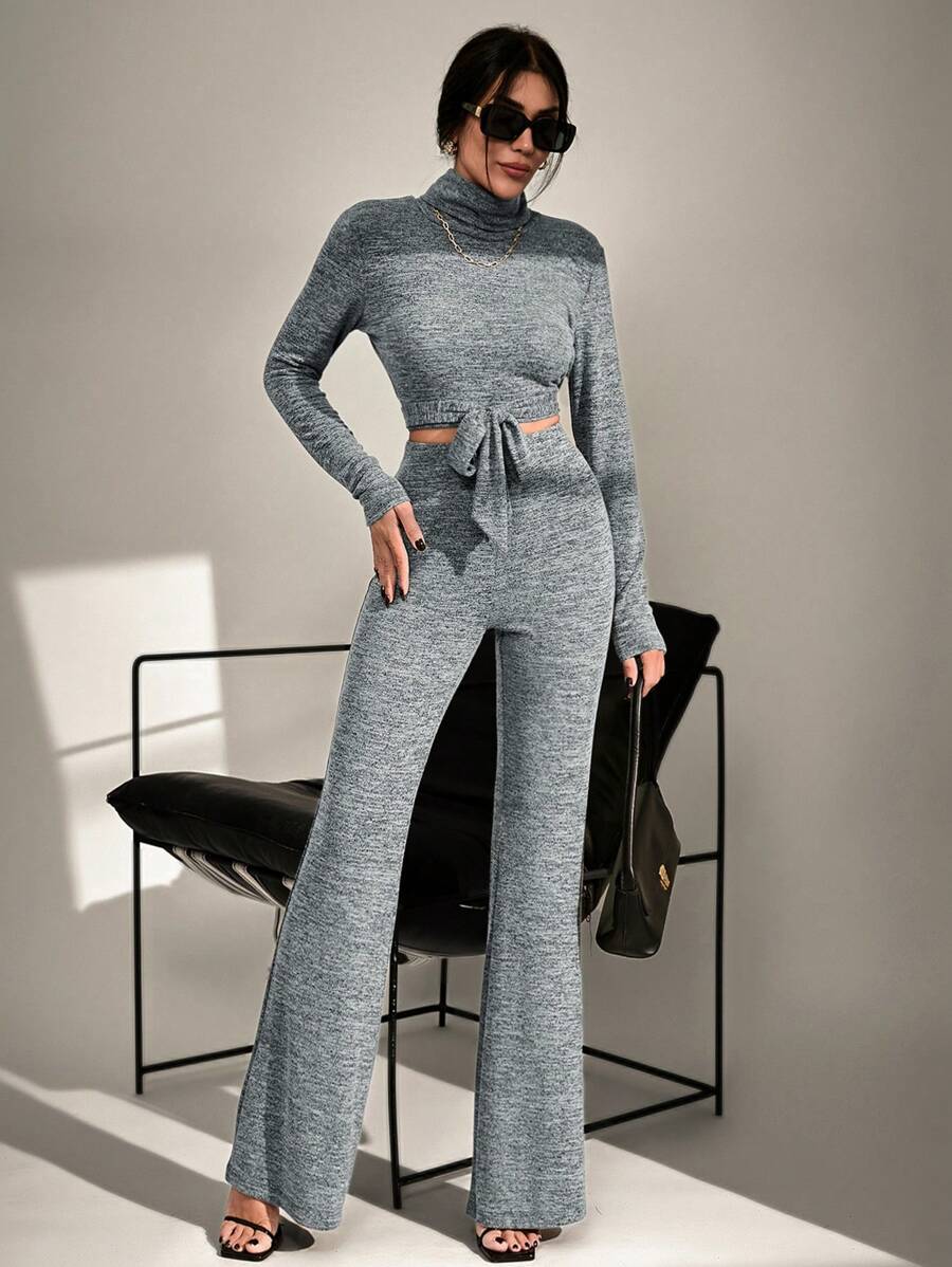 RueChic Comfortable Pitted Knit Backless Lace-Up Flared Two-Piece Set - Grey - View 1