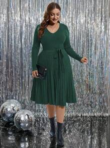 SHEIN Clasi Plus Size Fall Solid Color V-Neck Long Sleeve Ribbed With Belt Sweater Dress, For Winter - Blue - View 3