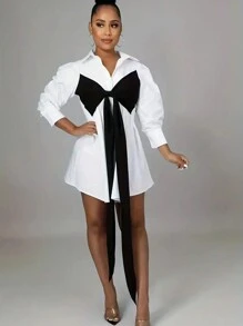 Robe mini CAPRI CHIC pour Noël/élégante/fête/festival avec blocs de couleurs noir et blanc et décoration avec nœud, pour le printemps et l'automne - Noir et Blanc - Voir 6