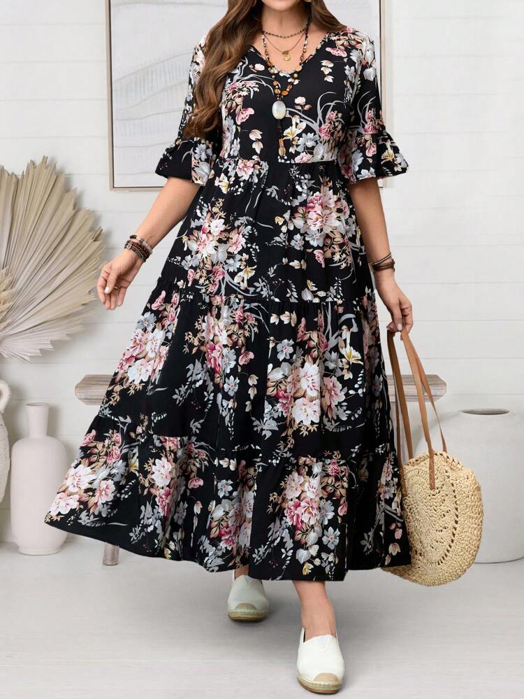Plus Size Leisure Floral All-Over Print Ruffle Sleeve Dress,Spring Outfits For Women,Tropical Vacation Woman Clothes,Beach Dress Sundress,Holiday Outfits Boho,Flower/Summer