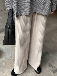 FRIFUL Women's Solid Color Pocket Simple Rib Knit Pants, Casual Daily Wear - Apricot - View 1