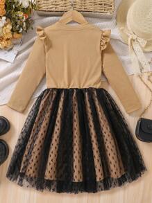 SHEIN Young Girl's Solid Color Splice Round Neck Long Sleeve Casual Dress - Khaki - View 2