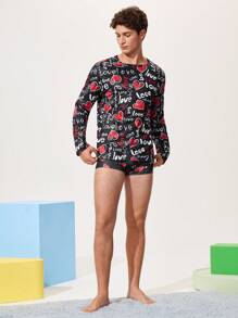 NotGurli Pijama casual para hombres, camiseta de manga larga con cuello redondo y estampado all-over