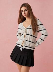 Enchnt Spring And Summer Women's Striped Long-Sleeved Casual Tie-Front Cardigan, Casual Everyday, Spring And Summer Women's Clothing, Casual Cardigan - White - View 5