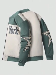Manfinity Sporsity Plus Size Men's Solid Color Splice Front Zipper Long Sleeve Pocket Casual Padded Coat, Light Green Warm Vacation Letter Color Block Winter Coat, For Friends, Husband, Boyfriend Gifts