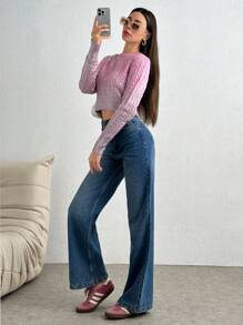 SHEIN Tall 女士箔印花圆领针织长袖粉色和银色图案毛衣套头衫 - 彩色 - 查看 3